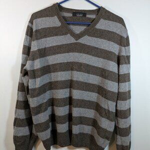 Zara Man Wool Blend Sweater Gray Striped V-Neck Men's Large